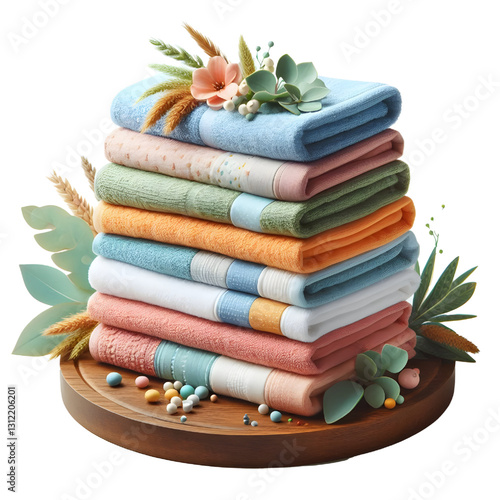 Colorful folded towels for bath room side view isolate on White background