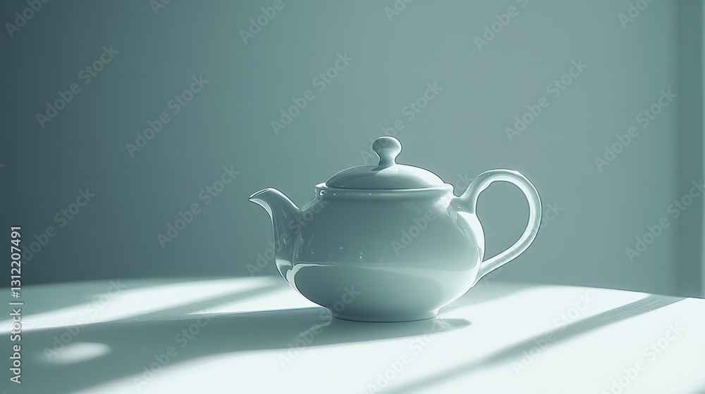 A white tea pot sits on a table. The pot is white and has a lid A white tea pot sits on a table. The pot is white and has a lid
