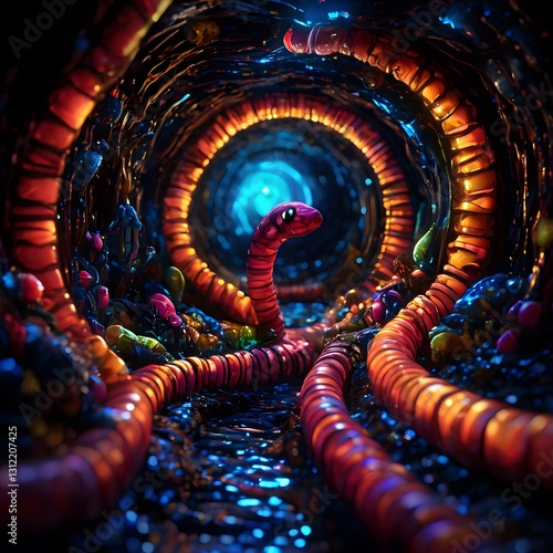 A surreal, colorful and vibrant scene featuring a worm-like creature with multi-colored appendages moving through a futuristic, glowing tunnel.