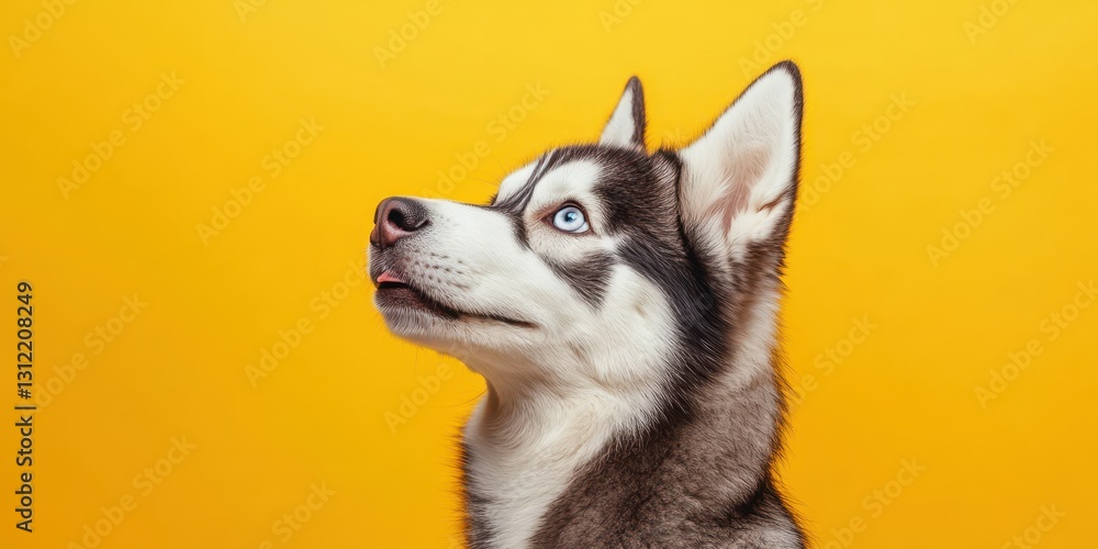 Stunning husky with striking blue eyes poses against a vibrant yellow background capturing attention and charm Stunning husky with striking blue eyes poses against a vibrant yellow background capturing attention and charm