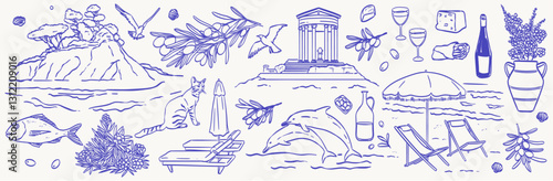 Greek or italian coastal summer vacation doodle style illustration set. Ink line hand drawn Greece or Italy coast sea flora and fauna. Sea weekend or rest line art for invitations, cards, wedding.