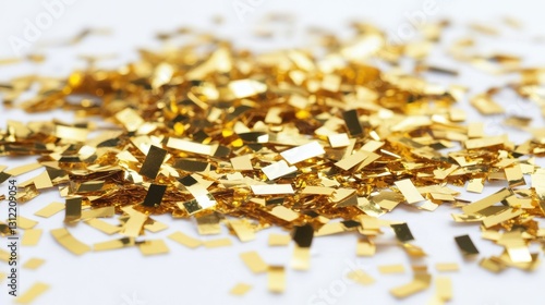 Gold confetti scattered on a white background, offering a festive and decorative element for enhancing various designs. photo