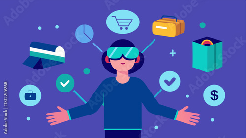 Virtual Reality Shopping Someone wearing VR goggles eagerly gesturing as they explore a virtual store filled with floating tech gadgets.