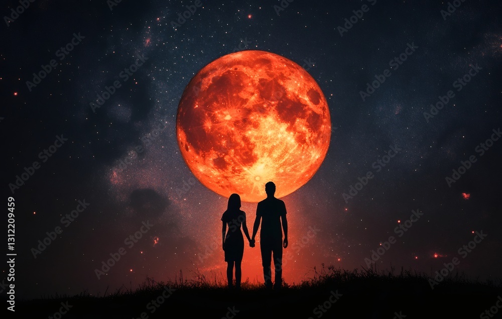Obraz premium Romantic Sunset Eclipse: Silhouette of a couple holding hands, gazing at a large, fiery-red eclipse set against a dark, starry sky. Reflecting on the mysterious beauty of the cosmos. 