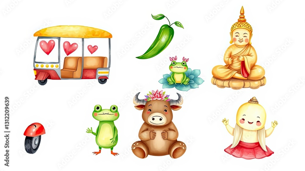 Naklejka premium Cute Asian Culture Clipart Tuk Tuk Buddha Frogs Water Buffalo