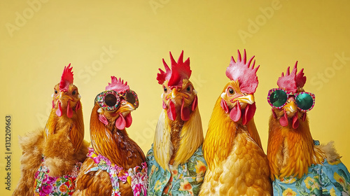 Wallpaper Mural Five chickens dressed in Hawaiian shirts and sunglasses stand against a yellow backdrop, exuding a fun and quirky summer vibe. Chickens ready for summer party. Torontodigital.ca