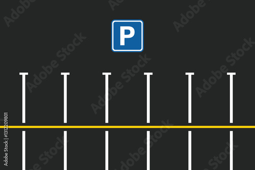 Parking area with empty spaces for cars. Asphalt surface with parking sign, top view.