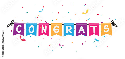 Congratulations sign banner with colorful confetti and bunting flags