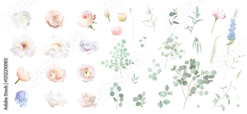 Bridgerton inspired pastel floral vector design big set. Blue delphinium, white peony, magnolia, tulip, rose, carnation, hyacinth, greenery and plants. Flowers and branches are isolated and movable