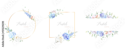 Bridgerton inspired pastel floral vector design frames. Blue delphinium, white peony, coral rose, magnolia, hyacinth, hydrangea, greenery and plants. All flowers and branches are isolated and movable.