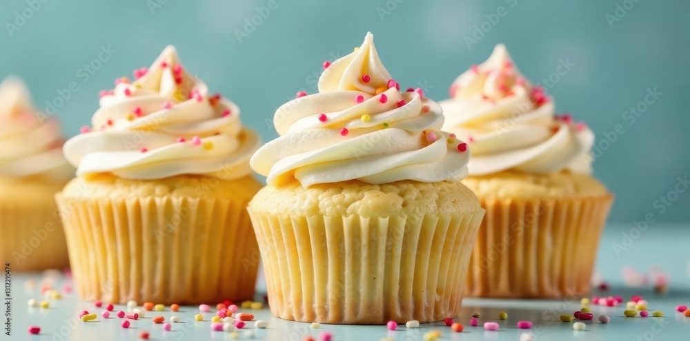 Stack of moist vanilla cupcakes topped with swirled frosting and sprinkles, swirled frosting, vanilla frosting, toppings Stack of moist vanilla cupcakes topped with swirled frosting and sprinkles, swirled frosting, vanilla frosting, toppings