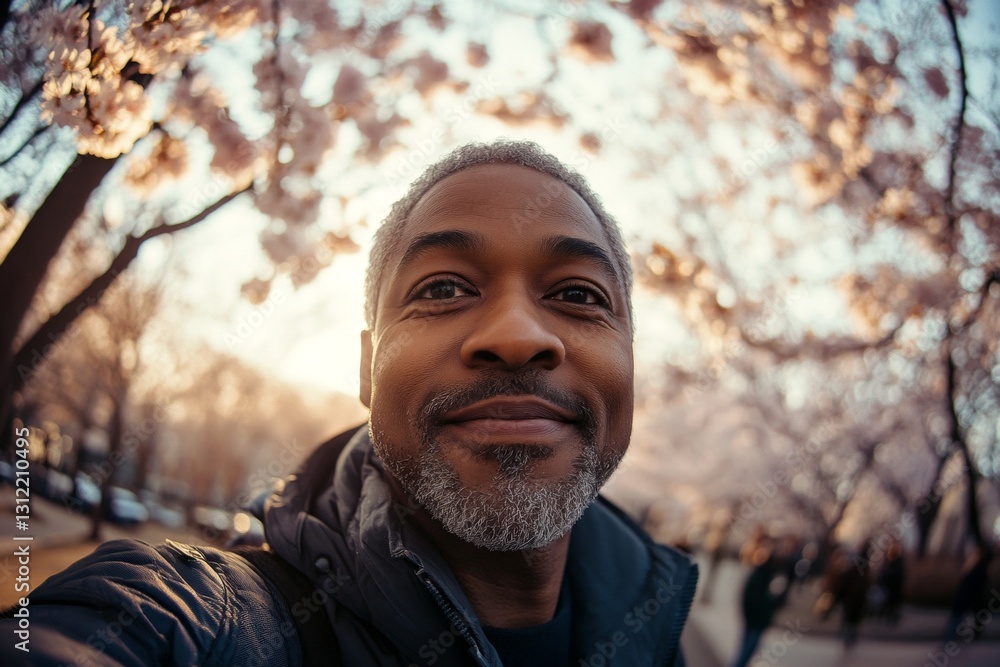 Golden hour in sunset, spring mood design idea. Handsome black midlife man inhaling the bouquet of cherry blossoms. Man in the middle of cherry blossoms. Stylish man with spring blossoms. Golden hour in sunset, spring mood design idea. Handsome black midlife man inhaling the bouquet of cherry blossoms. Man in the middle of cherry blossoms. Stylish man with spring blossoms.
