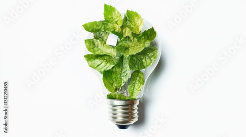 Green leaves inside a light bulb, isolated on a white background, representing an alternative energy concept. photo