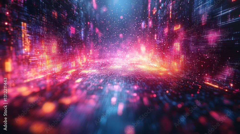Glowing Pixelated Fragments Forming a Digital Passageway of Light and Colors of the Future. Digital Art Background. Abstract Pixelated Neon Tunnel. Vibrant Digital Flow of Particles and Light Glowing Pixelated Fragments Forming a Digital Passageway of Light and Colors of the Future. Digital Art Background. Abstract Pixelated Neon Tunnel. Vibrant Digital Flow of Particles and Light