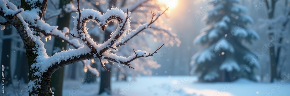 Snowflakes gently falling on heart-shaped tree branches, serene landscape, frosty mornings, snow