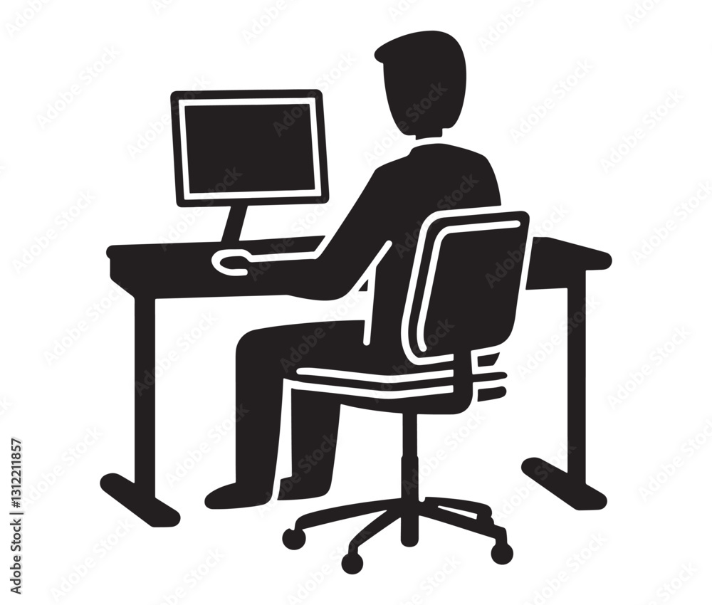 Businessman working on laptop. Working from home: remote job illustration. Computer desk setup a workplace icon. Businessman working on laptop. Working from home: remote job illustration. Computer desk setup a workplace icon.