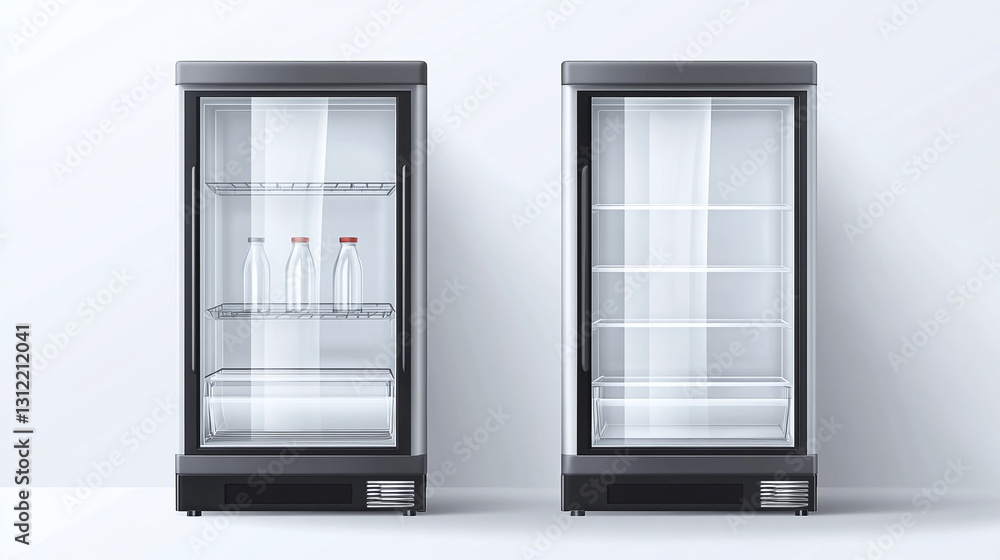 Two commercial refrigerators against a white wall, one partially stocked with glass bottles. Ideal for showcasing beverages or food items in retail settings. Two commercial refrigerators against a white wall, one partially stocked with glass bottles. Ideal for showcasing beverages or food items in retail settings.