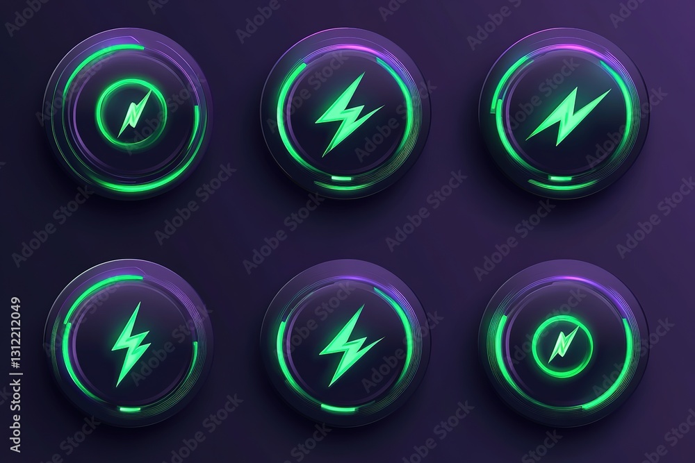 Futuristic Neon Green Lightning Bolt Charging Icons Set UI Design Elements