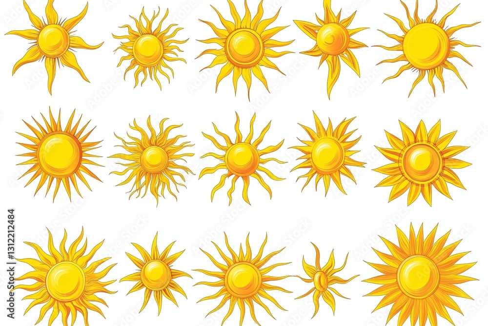 Collection of 18 Hand-Drawn Golden Sun Illustrations, Summer Sunshine Clipart Set Collection of 18 Hand-Drawn Golden Sun Illustrations, Summer Sunshine Clipart Set
