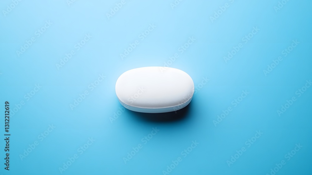 A single white soap bar rests on a blue background A single white soap bar rests on a blue background