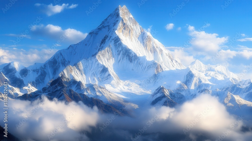 Majestic Snow Covered Mountain Peak Soaring Above Clouds Under Blue Sky Majestic Snow Covered Mountain Peak Soaring Above Clouds Under Blue Sky