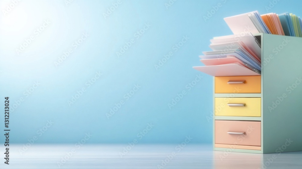 Fototapeta premium Colorful file cabinet overflowing with papers against a light blue background.