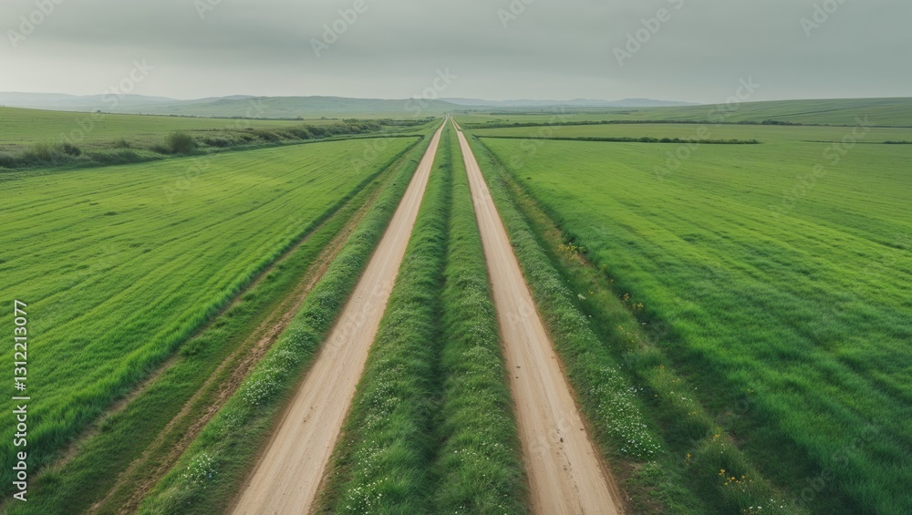 Naklejka premium Aerial view of two parallel dirt roads across green field.