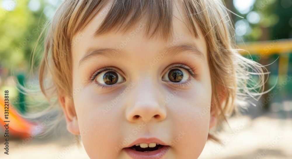 Astonished caucasian child with wide eyes in playful outdoor setting Astonished caucasian child with wide eyes in playful outdoor setting