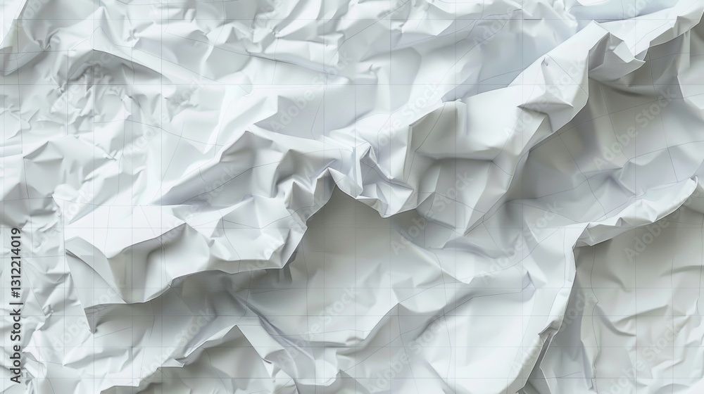 Obraz premium a hyper-realistic illustration of crumpled white paper with a faint grid overlay, focusing on the intricate texture of the folds and creases. The lighting should enhance the three-dimensional quality