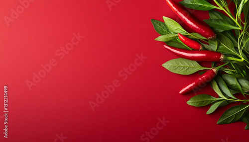 Vibrant red chili peppers with green leaves on a bold red background.