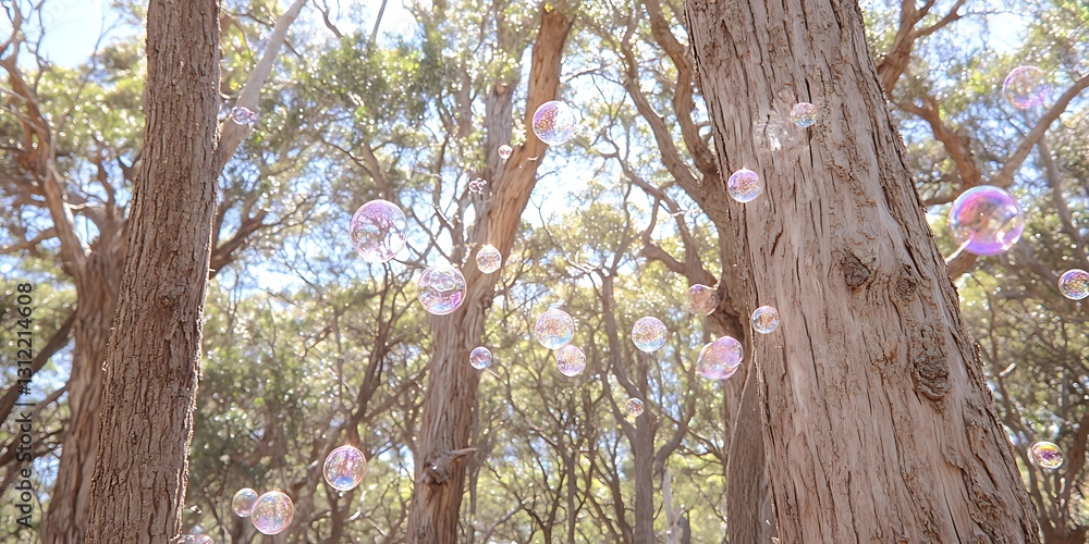 Fototapeta premium Bubbles gently float through a sun-dappled forest glade ambiance