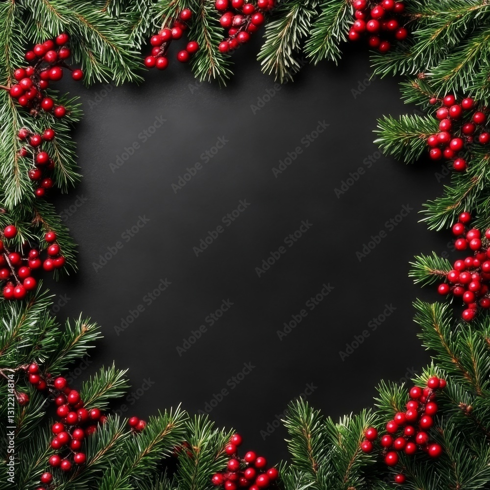 Christmas-themed flat lay frame with green fir, red berries on black background - festive and cheerful decoration shot Christmas-themed flat lay frame with green fir, red berries on black background - festive and cheerful decoration shot