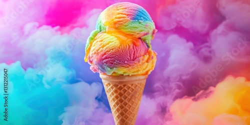 Flying rainbow sherbet ice cream with fruit syrup bursts on a neon multicolor background