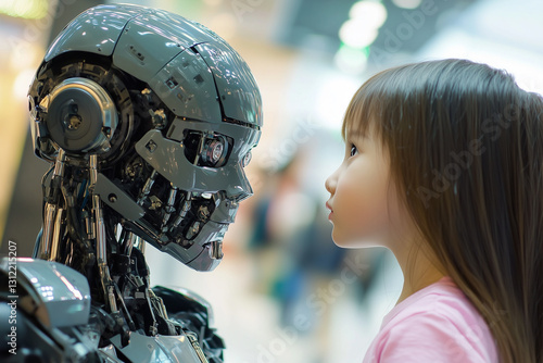 Young girl interacts with futuristic robot while looking intently at it