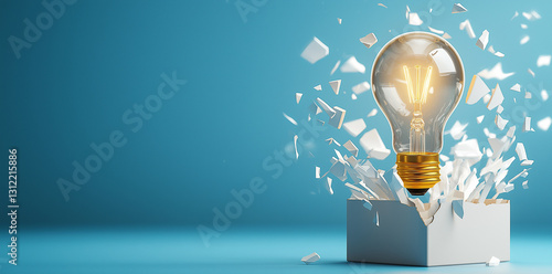 light bulb emerges from broken box, symbolizing creativity and innovation. bright light contrasts with blue background, creating inspiring visual