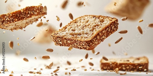 Flying slices of multigrain bread with sunflower seeds on a white linen background