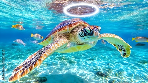 A sea turtle gliding through clear blue water, surrounded by fish, with a bubble-like halo above it. Concept Sea Turtle, Underwater Photography, Marine Life, Clear Blue Water, Bubble Halo photo