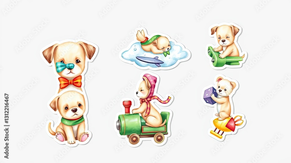 Fototapeta premium Adorable Puppy Stickers Cute Dog Illustrations Playful Pets Cartoon Animals Childrens Designs