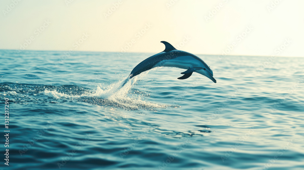 Naklejka premium Dolphin leaping gracefully in ocean under sunny sky