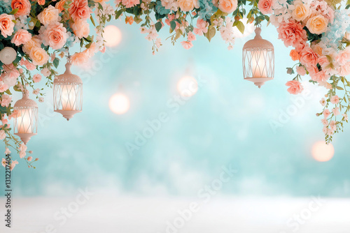 beautiful floral backdrop with hanging lanterns, featuring soft pastel roses and greenery, creating serene and romantic atmosphere