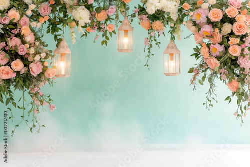 beautiful floral backdrop with hanging lanterns, featuring pink and white roses, greenery, and soft mint background, creating serene and romantic atmosphere