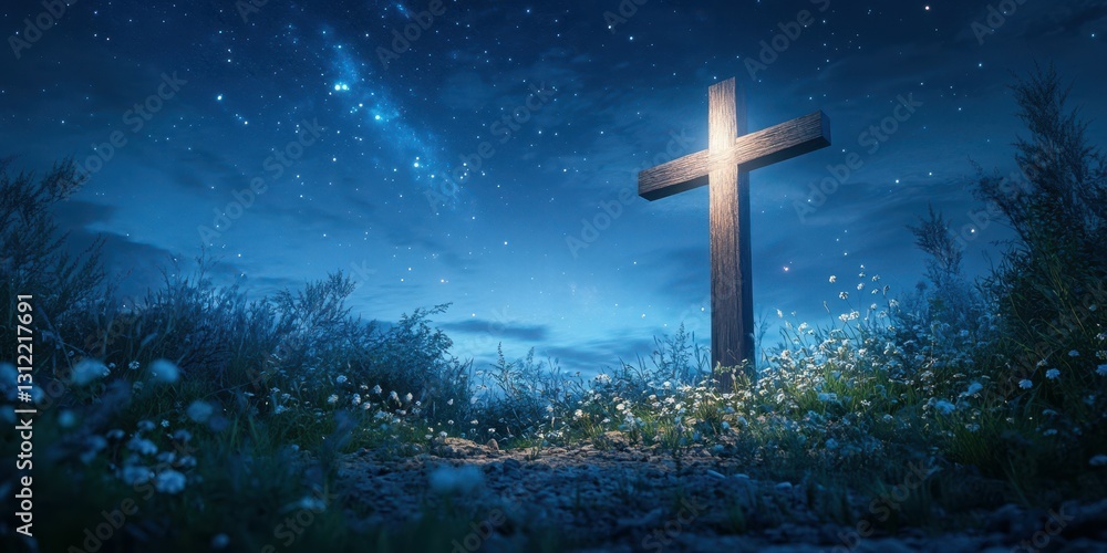 Naklejka premium Wooden cross illuminated by starlight surrounded by wildflowers at night in a tranquil landscape