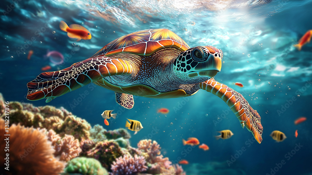 Obraz premium colorful sea turtle swimming in deep blue ocean, surrounded by vibrant fish and coral reefs, creates serene underwater scene full of life and beauty
