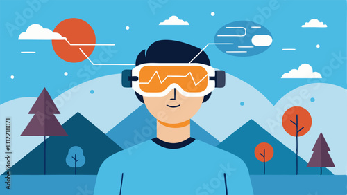 Virtual Exploration A user in a virtual reality environment wearing a BCI with panoramic landscapes and interactive elements reacting to their thoughts and intentions.