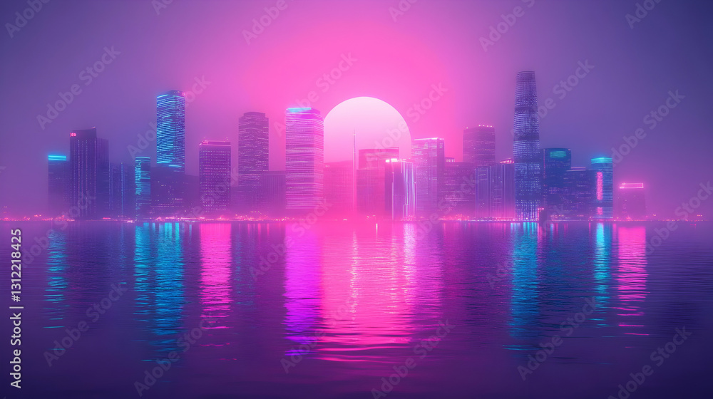 Futuristic City Skyline at Sunset with Neon Reflections Futuristic City Skyline at Sunset with Neon Reflections