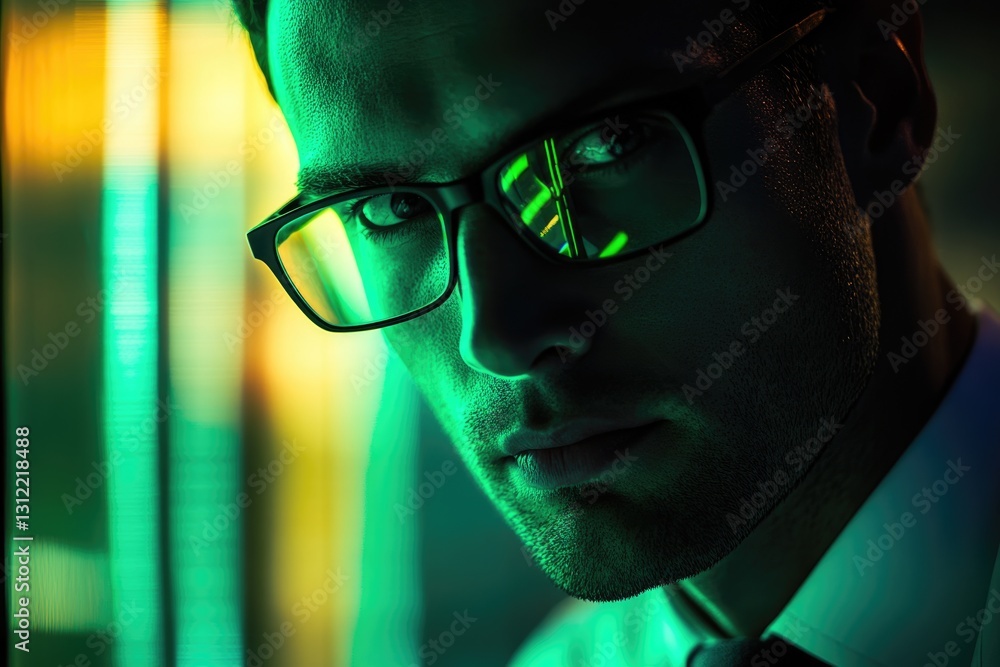 Close-up portrait of a man wearing glasses, illuminated by green light, conveying intensity and mystery. Close-up portrait of a man wearing glasses, illuminated by green light, conveying intensity and mystery.