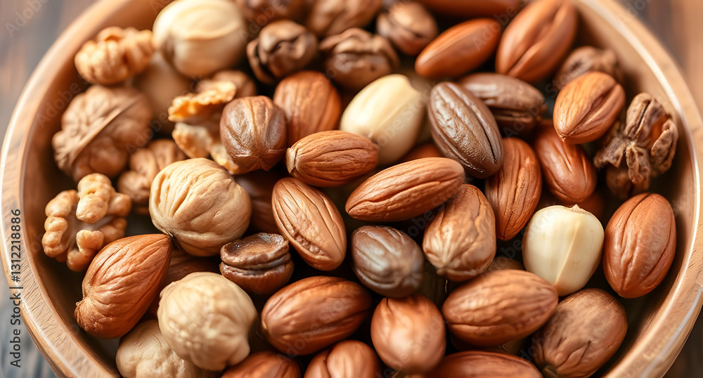 A bowl of assorted nuts, including walnuts, almonds, and hazelnuts, arranged neatly. Crunchy and healthy design A bowl of assorted nuts, including walnuts, almonds, and hazelnuts, arranged neatly. Crunchy and healthy design