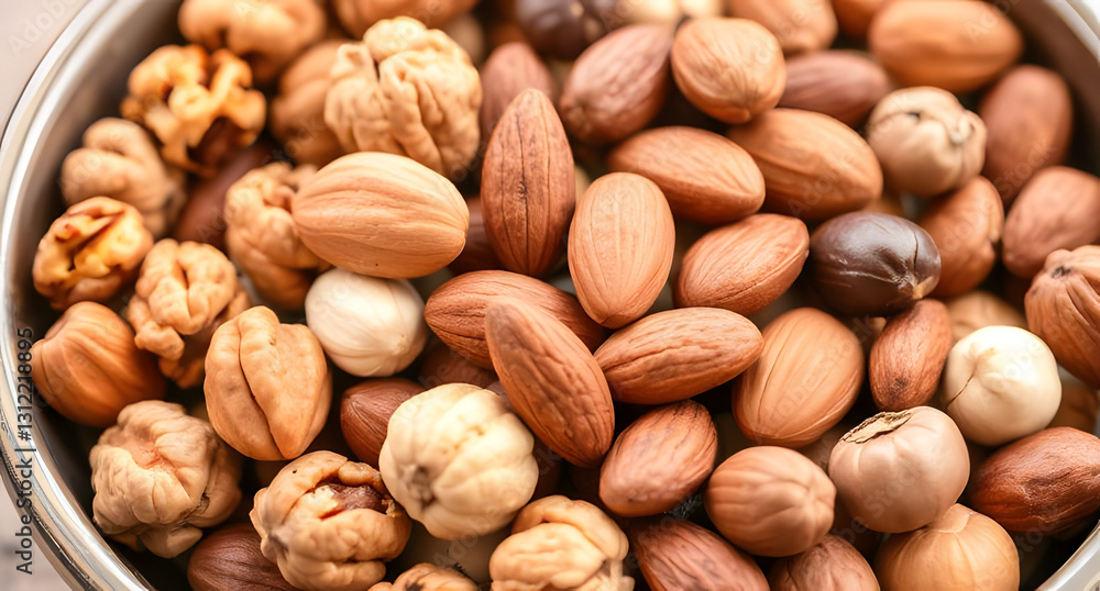 A bowl of assorted nuts, including walnuts, almonds, and hazelnuts, arranged neatly. Crunchy and healthy design A bowl of assorted nuts, including walnuts, almonds, and hazelnuts, arranged neatly. Crunchy and healthy design