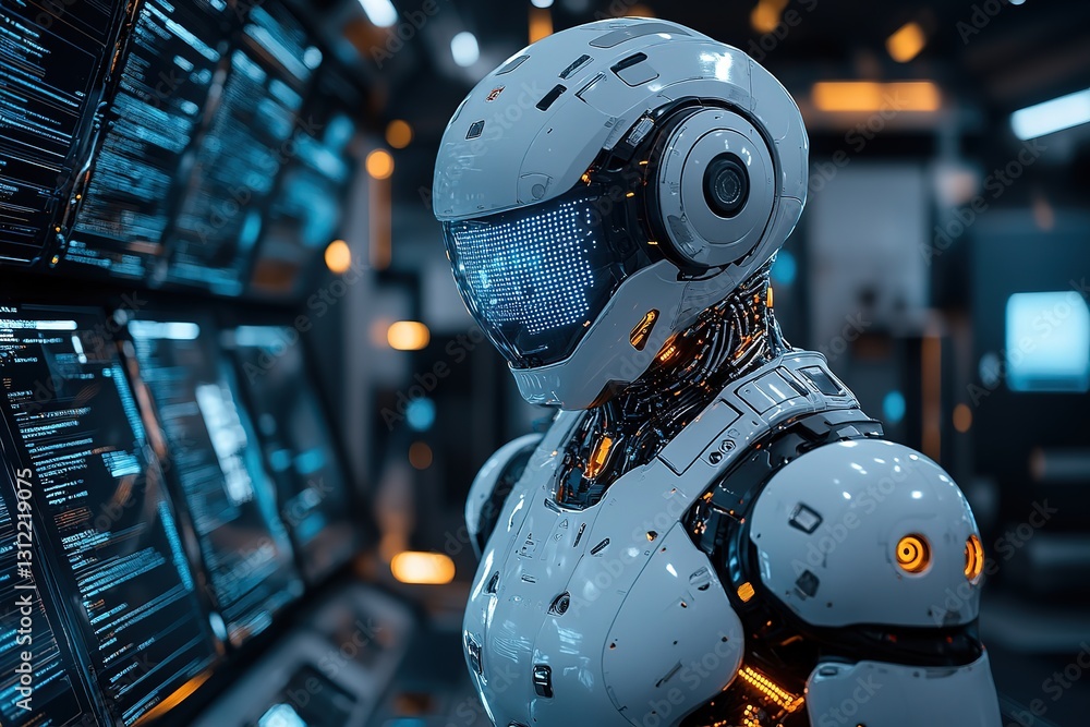 Fototapeta premium Futuristic Robot Monitoring Data Streams in Advanced Tech Control Room