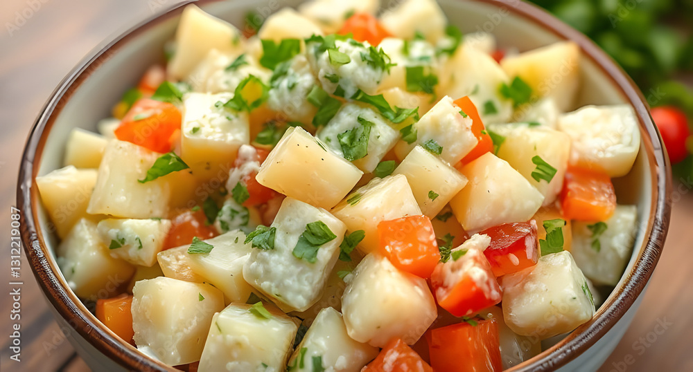 A bowl of creamy potato salad with fresh herbs and diced vegetables. Hearty and delicious look A bowl of creamy potato salad with fresh herbs and diced vegetables. Hearty and delicious look